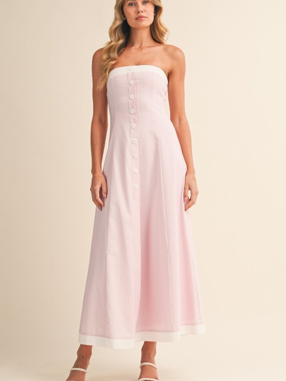 NWT Linen Blend Midi Dress Strapless Pink With White Trimming Button Detail